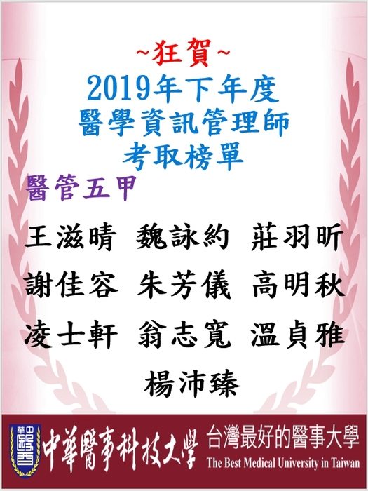 醫學資訊管理師考取名單圖片